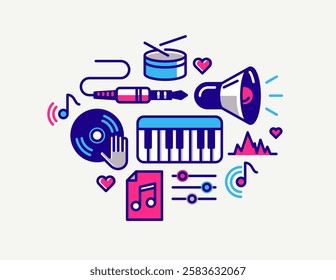 Music and recording studio vector detailed icon, sound producing and audio engineering bundle, playing instruments.