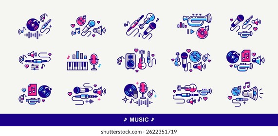 Music and recording studio vector detailed icons set, sound producing and audio engineering bundle, playing instruments.
