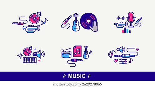 Music and recording studio vector detailed icons set, sound producing and audio engineering bundle, playing instruments.
