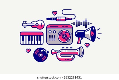 Music and recording studio vector detailed icon, sound producing and audio engineering bundle, playing instruments.