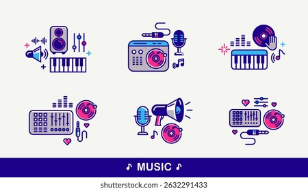 Music and recording studio vector detailed icons set, sound producing and audio engineering bundle, playing instruments.