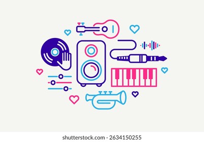 Music and recording studio vector detailed icon, sound producing and audio engineering bundle, playing instruments.