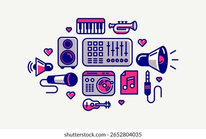 Music and recording studio vector detailed icon, sound producing and audio engineering bundle, playing instruments.