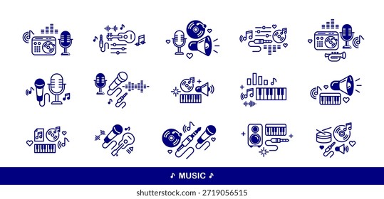Música y Vector de estudio de grabación conjunto de iconos detallados, producción de sonido y Paquete de ingeniería de audio, instrumentos de juego.