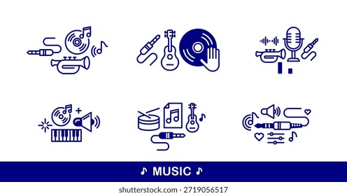 Música y Vector de estudio de grabación conjunto de iconos detallados, producción de sonido y Paquete de ingeniería de audio, instrumentos de juego.