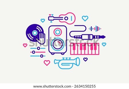 Music and recording studio vector detailed icon, sound producing and audio engineering bundle, playing instruments.