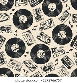 Music records monochrome seamless pattern with tape cassettes and vinyl records with tracks of popular singers and musicians vector illustration