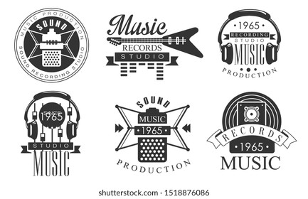 Music Records Studio Retro Labels, Music Production Sound Recording Studio Monochrome Badges Vector Illustration