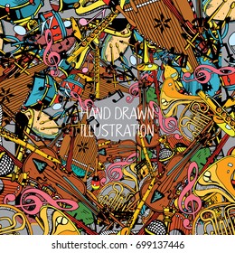 Music and Recreation Time Concept. Hand Drawn Doodles. Musical Instruments, Posters and Prints.