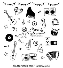 Music related hand drawn vector icon set.