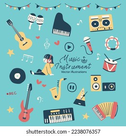 Music related hand drawn vector icon set.