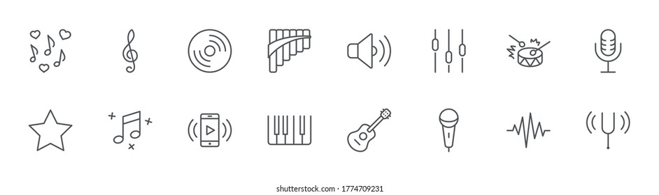 Music Related Line Icons. Icon Piano, Guitar, Treble Clef. Editable Stroke