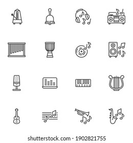 Music related line icons set, outline vector symbol collection, linear style pictogram pack. Signs, logo illustration. Set includes icons as headphones, audio speaker, microphone, music note, guitar