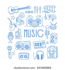 Music Related Object Set With Text Hand Drawn Simple Vector Illustration Is Sketch Style