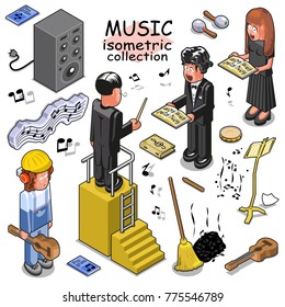 Music Related People, Items And Instruments Such Choir Singers, Musician, Conductor, Guitar, Loud Speaker. Isometric Vector Set
