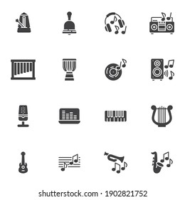 Music related vector icons set, modern solid symbol collection, filled style pictogram pack. Signs, logo illustration. Set includes icons as headphones, audio speaker, microphone, music note, guitar