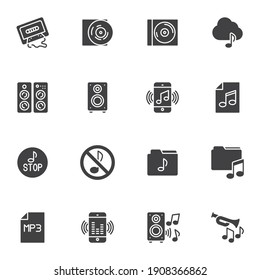 Music related vector icons set, modern solid symbol collection, filled style pictogram pack. Signs, logo illustration. Set includes icons as stop music, audio sound, stereo speaker, media folder