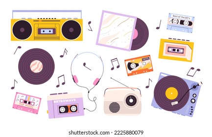 Music retro device, vinyl and headphones. 1980s style players collection, analogue sound radio, audio cassette recorder. Vintage racy vector collection