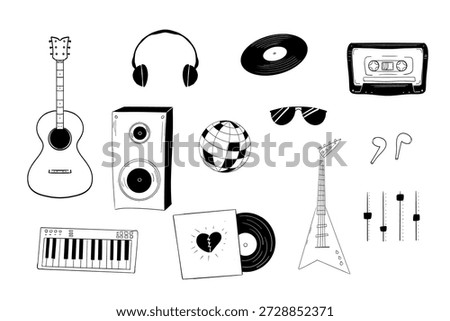 Music retro doodle set punk rock grunge design elements. Vintage sound vinyl, player, cassette tape, instruments, disco and rock.
