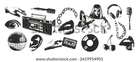 Music retro elements with photocopy stipple effect for halftone collage art. Vinyl record, disco ball, girl, cassette, speaker, radio, microphone, headphones.Trendy vector design for cards, covers.