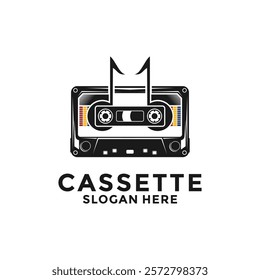 Music Retro logo design. Cassette tape with music note combination logo. Vintage Cassette tape logo vector illustration