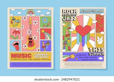 Music retro poster. Summer festival. Event invitation. Rock band concert. Cartoon design flyer template. Musical party. Rainbow and psychedelic mushroom. Hippie fest. Vector garish groovy banners set