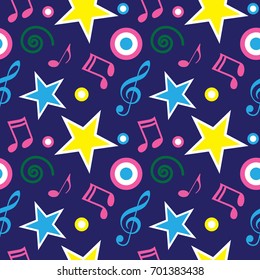 Music retro seamless pattern. 80s background with music note, stars, violin key and doodles. Vector illustration.