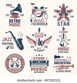 Music retro style emblems with modern and classic instruments on light textured background isolated vector illustration 