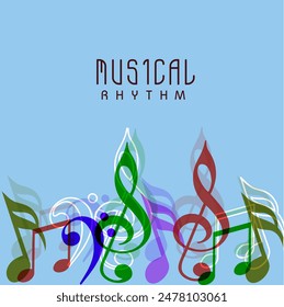 Music Rhythm Poster Design with Colorful Music Notes on Blue Background.