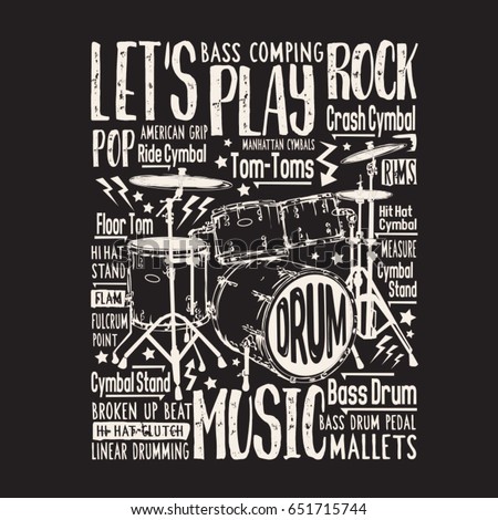 Music rock drums typography, tee shirt graphics , vectors