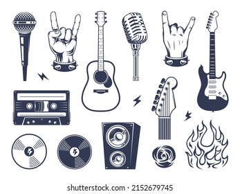 Musikrock-Symbol Gitarren-Mikrofone Flügel Kopfhörer Feuer exakte Vektorgrafik-Kollektion Set