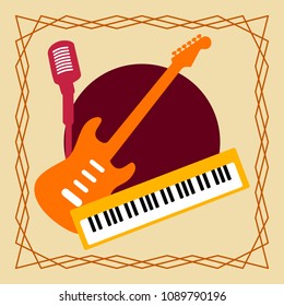 Music rock jazz pop band vinyl illustration. Group of color musical instruments guitar piano microphone with line geometric border on beige background. Vector art design for concert festival poster cd
