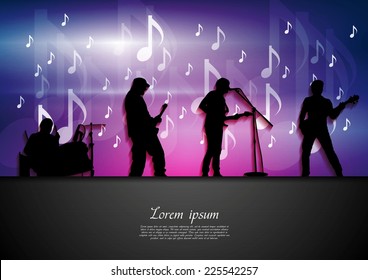 Music rock party abstract background. Silhouettes and notes vector poster design