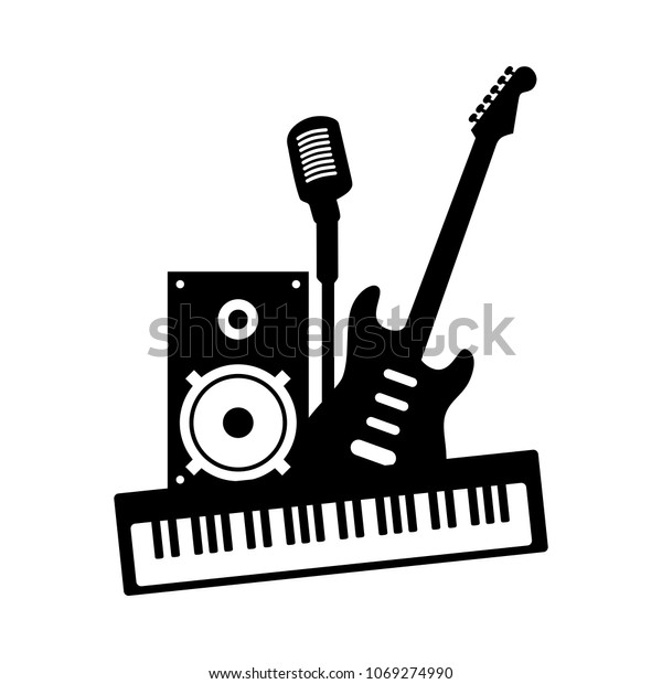 ミュージックロックポップバンドグループのコンセプトアイコン 白い背景 に黒い楽器のギターのピアノマイクスピーカー コンサートフェスティバルのスタジオ用のベクターモダンオーディオ機器アートイラスト のベクター画像素材 ロイヤリティフリー