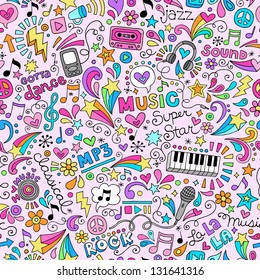 Music Rock And Roll Star Seamless Pattern Groovy Notebook Doodles- Vector Illustration Hand-Drawn Design Elements