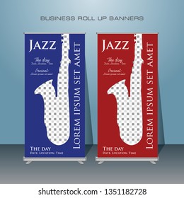 Music Roll up banner design. Standing flyer template for Jazz music festival