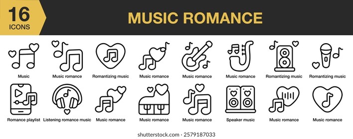 Music Romance icon set. Includes love, music, romance, couple, relationship, and More. Outline icons vector collection.