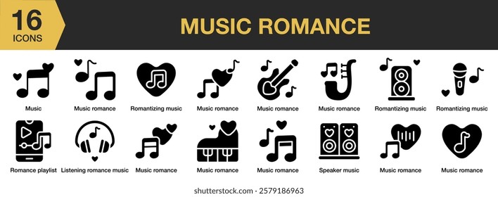 Music Romance solid icon set. Includes love, music, romance, couple, relationship, and More. Solid icons vector collection.