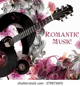 Music Romantic Background With Guitar Doodle Ornament And Pink Abstract Flowers