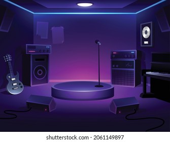 Music room. Interior of band rehearsal space. stage and microphone