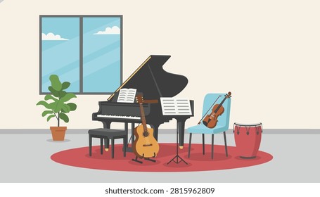 Music room interior featuring a grand piano, guitar, violin on a chair, drum, and a potted plant set on a red circular rug.