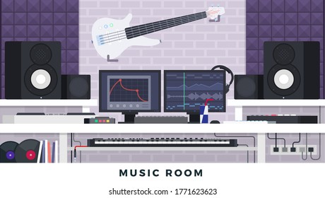 Music room. Musician workspace. Vector flat illustrations. Music and recording industry.