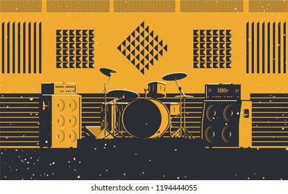 Music room in vintage style. Hard light, high contrast vector illustration. Acoustic treatment foam and panels. Retro grunge music equipment, guitar and bass amplifiers.