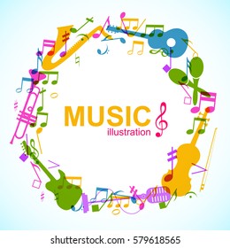 Music round composition with colorful musical instruments and notes on light background vector illustration