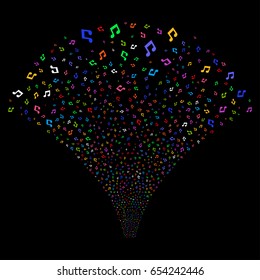 Music salute stream. Vector illustration style is flat bright multicolored iconic symbols on a black background. Object stream fountain created from random pictographs.
