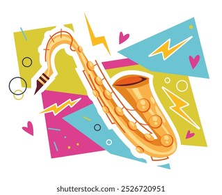 Música saxofone instrumento jazz isolado no conceito de fundo branco. Ilustração de design gráfico vetorial