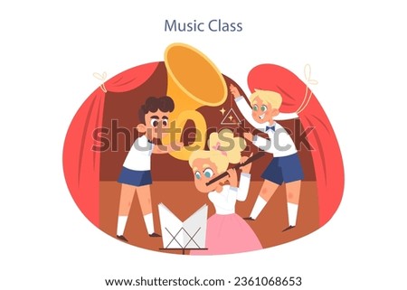 Music school or class. Students learn to play music. Young musician playing musical instruments. Creativity development in modern education. Flat vector illustration
