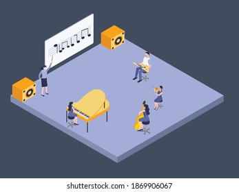 Music school classroom isometric 3d vector concept for banner, website, illustration, landing page, flyer, etc.