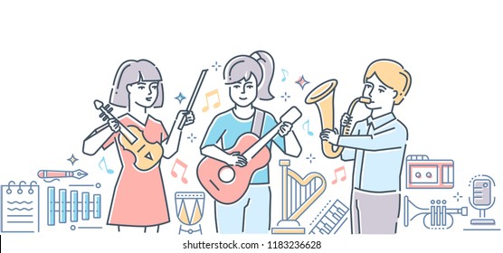 Music school - colorful line design style illustration. High quality composition with happy boys, girls playing different musical instruments in a band, guitar, saxophone, violin, image of harp, drums