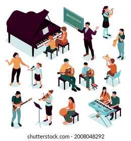 Music school conservatory professional musicians education isometric set with piano lesson flute violin practice background vector illustration